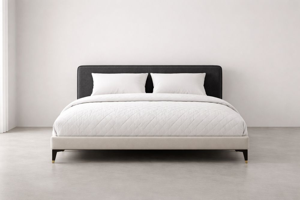 Lit Double Bois et Tête de Lit en Tissu Noir 200x160×100 cm