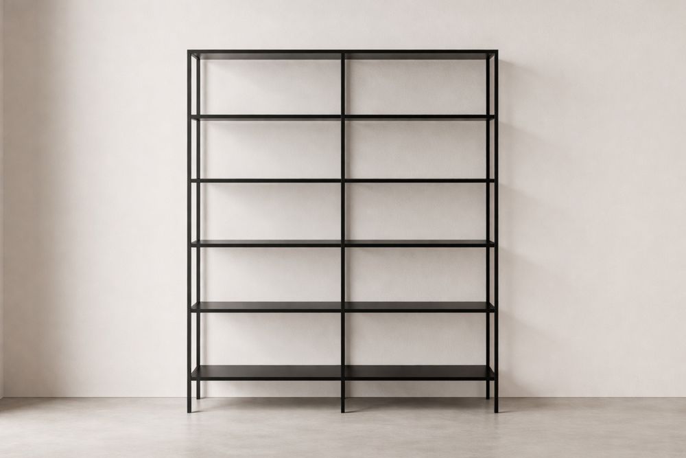 Étagère bibliothèque métallique noire à 5 niveaux, dimensions 200 × 100 × 30 cm.