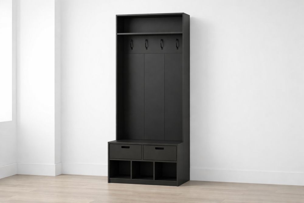 Porte-manteau en bois MDF noir avec étagère et tiroirs