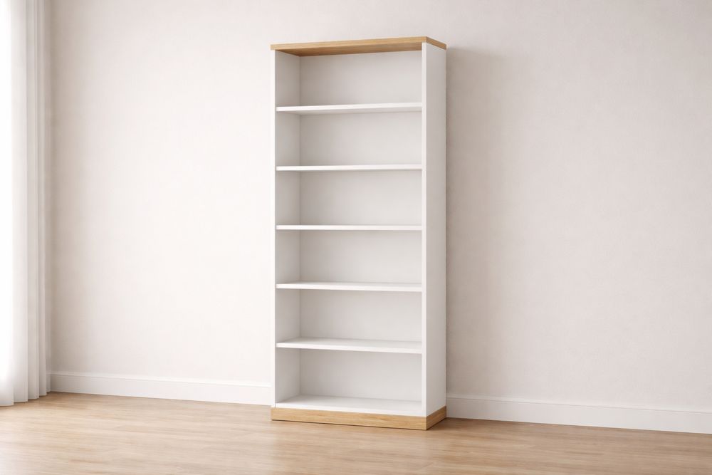 Bibliothèque en bois blanc avec finition chêne 6 étagères 180x80x25 cm
