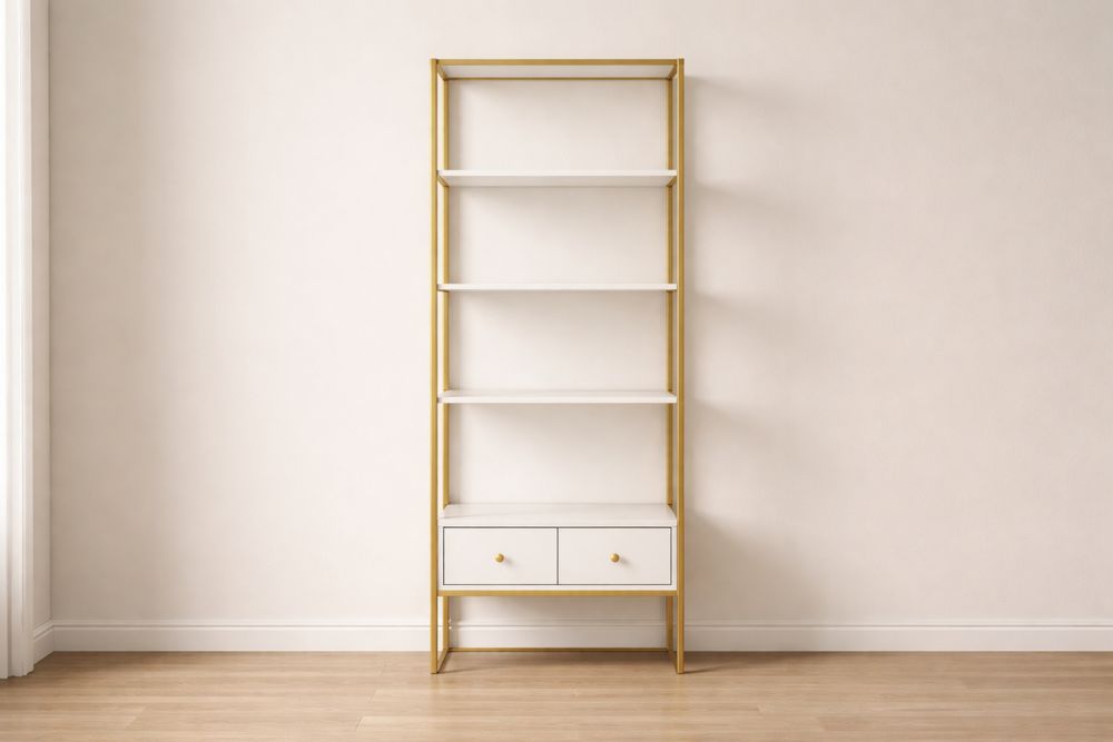 Bibliothèque en Métal et MDF avec Étagères et Tiroirs Blanc et Or