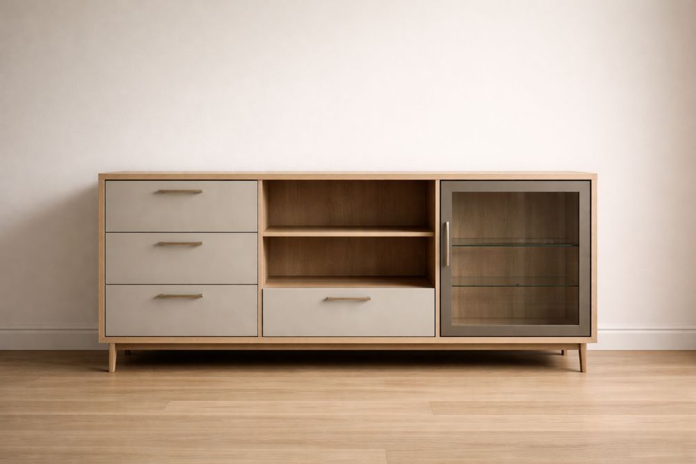 Buffet en Bois de Chêne avec Tiroirs et Porte en Verre Trempé 160x40x75 cm