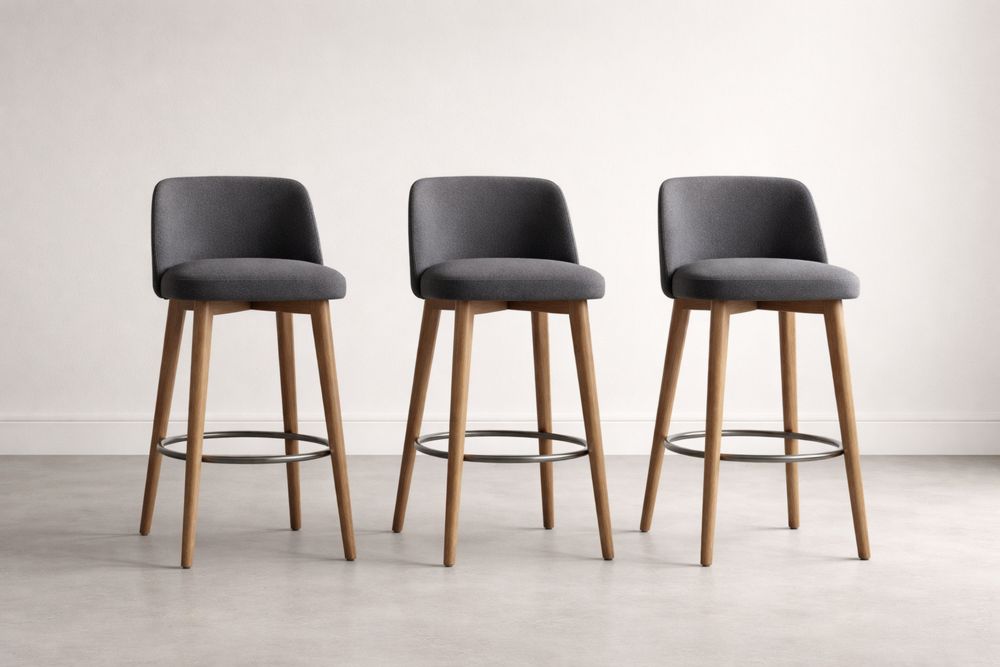 Tabourets de Bar en Tissu Gris avec Pieds en Chêne, Ensemble de 3