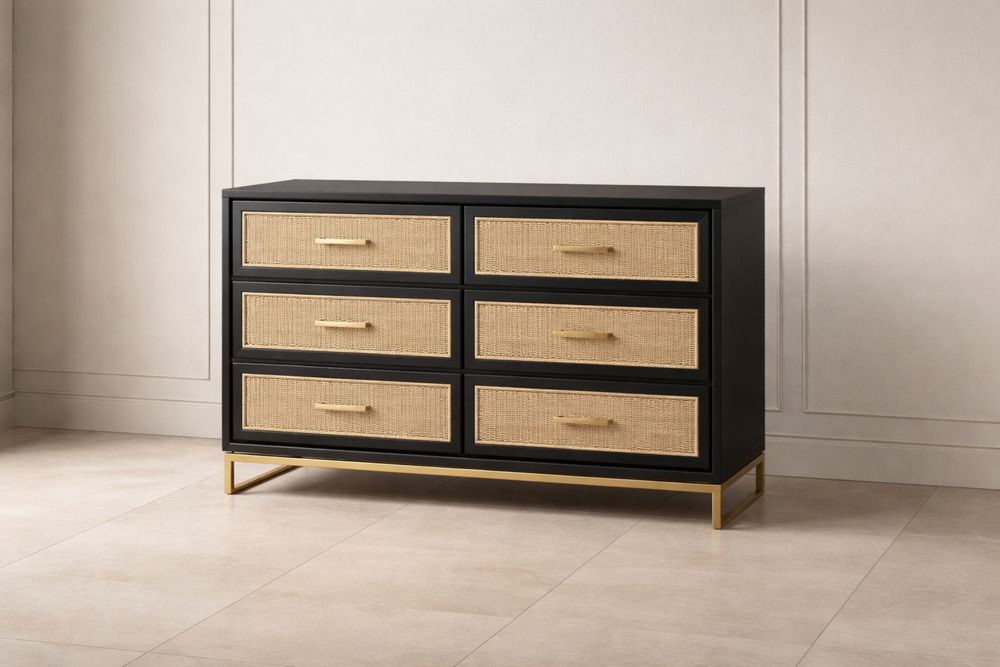 Commode en MDF et rotin 6 tiroirs noir et beige