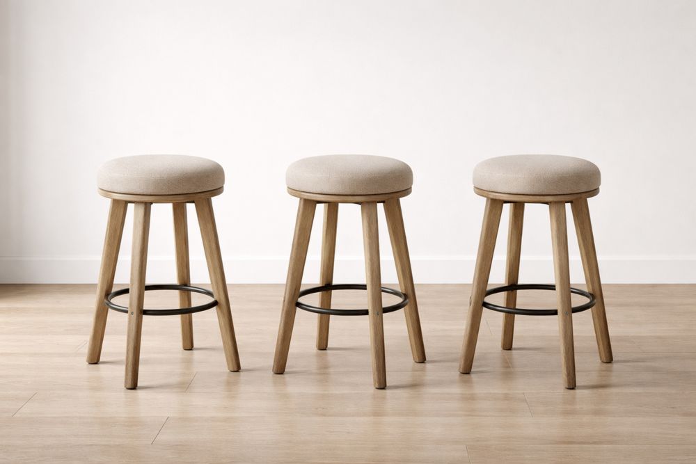 Ensemble de 3 tabourets en bois et tissu beige