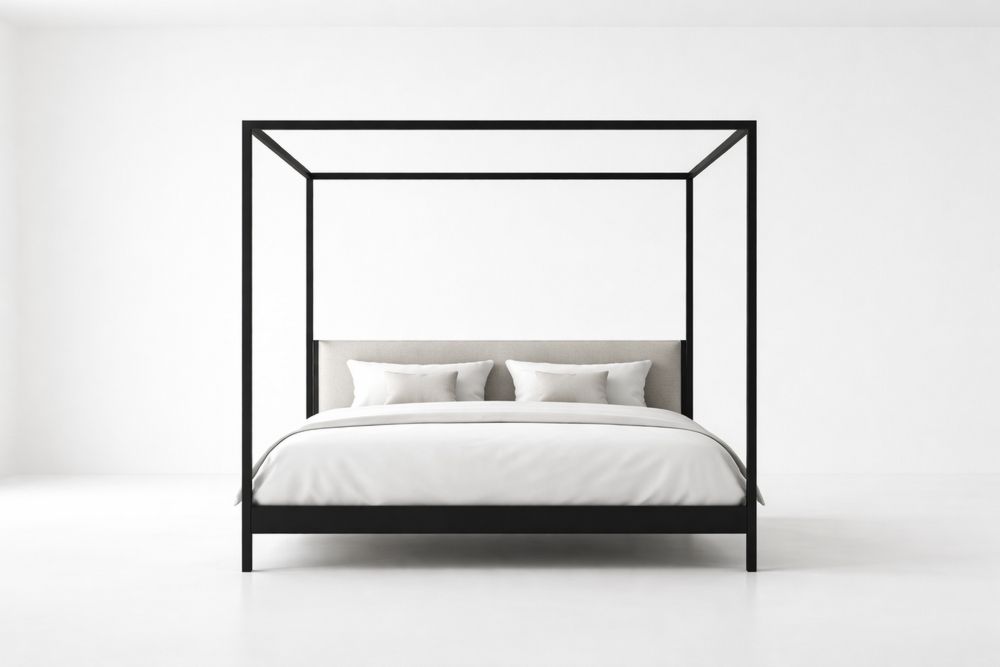 Lit à baldaquin en métal noir avec tête de lit en lin