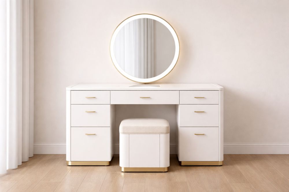 Table Coiffeuse MDF Blanc avec Miroir Rond et Tabouret
