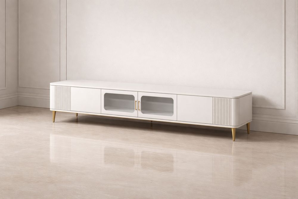 Meuble TV en Bois MDF avec Portes en Verre Trempé Blanc