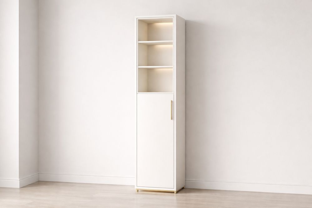 Bibliothèque haute blanche en bois MDF avec porte battante et étagères