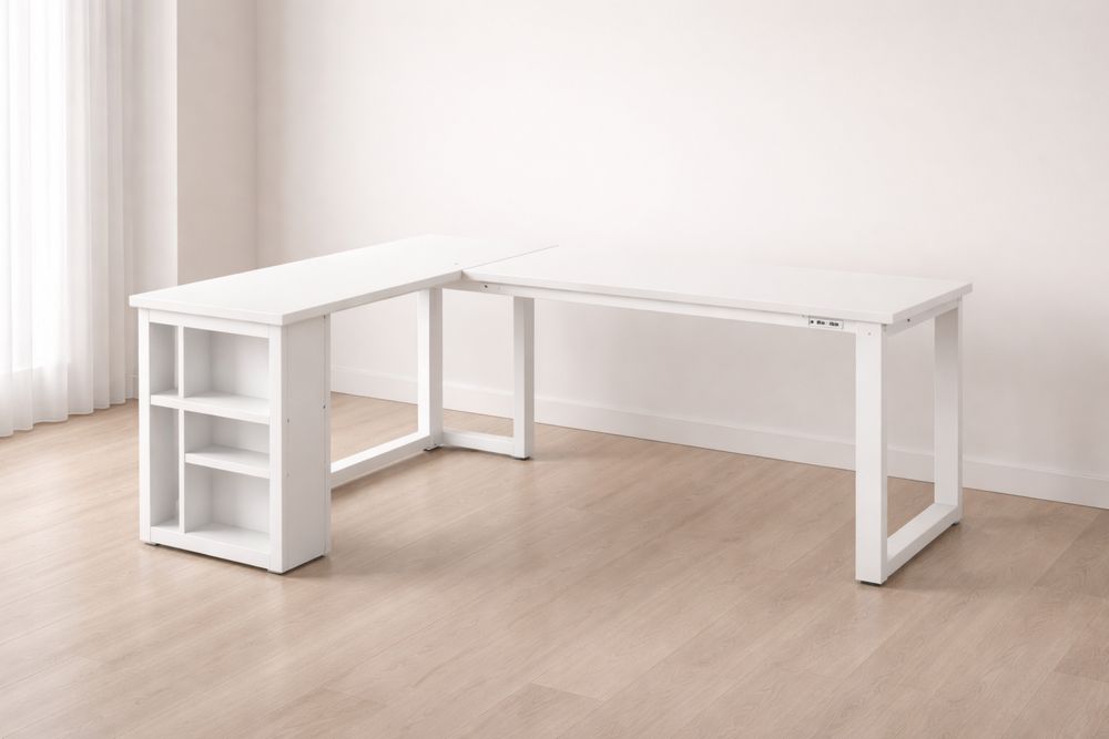 Bureau d'angle blanc avec étagère intégrée en bois MDF