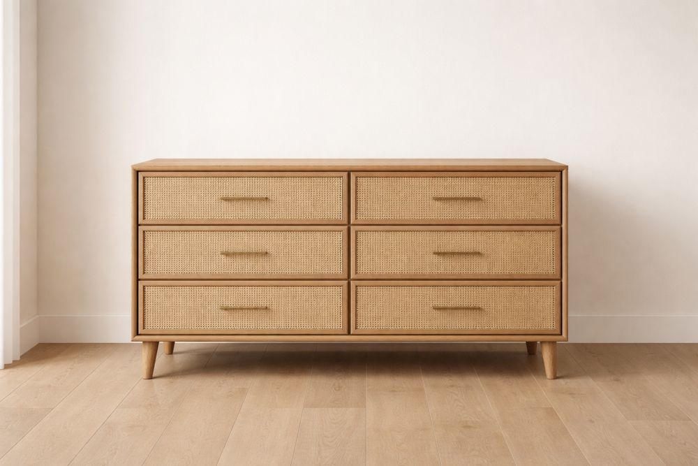 Commode en Bois et Rotin avec Six Tiroirs