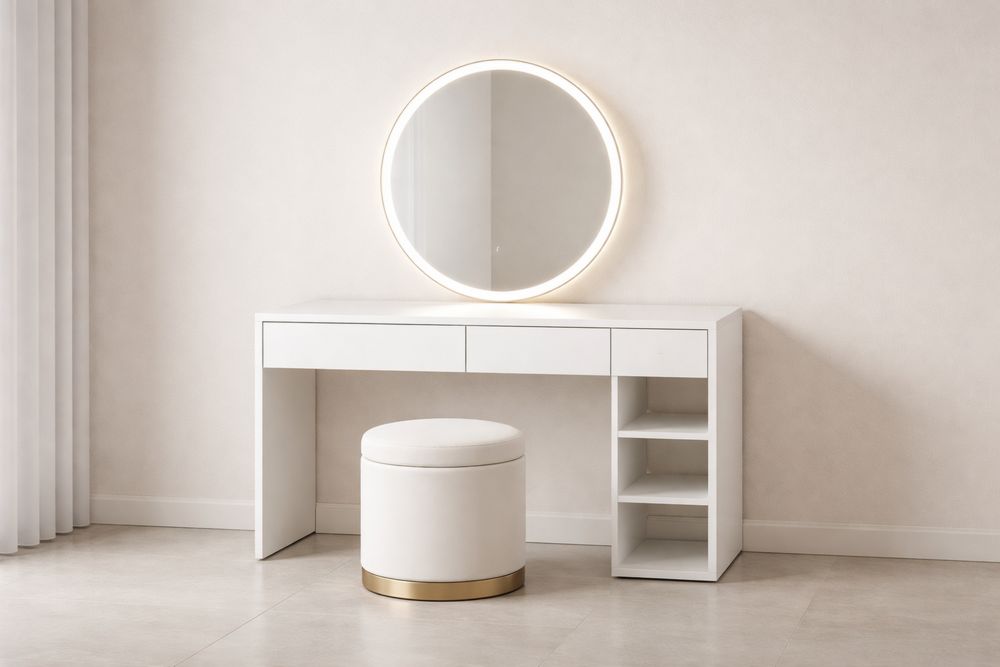 Table de maquillage en bois MDF avec miroir LED et tabouret rembourré blanc