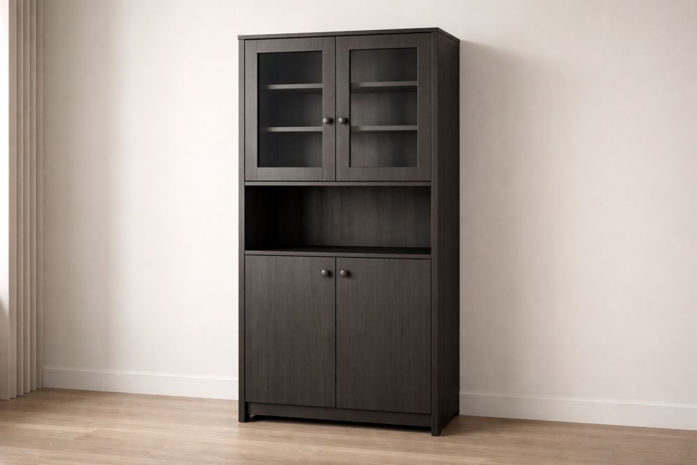 Armoire de Rangement en Bois avec Portes Vitrées et Pleines Noire 190x80x40 cm