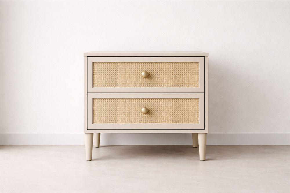 Chevet en bois avec tiroirs en rotin