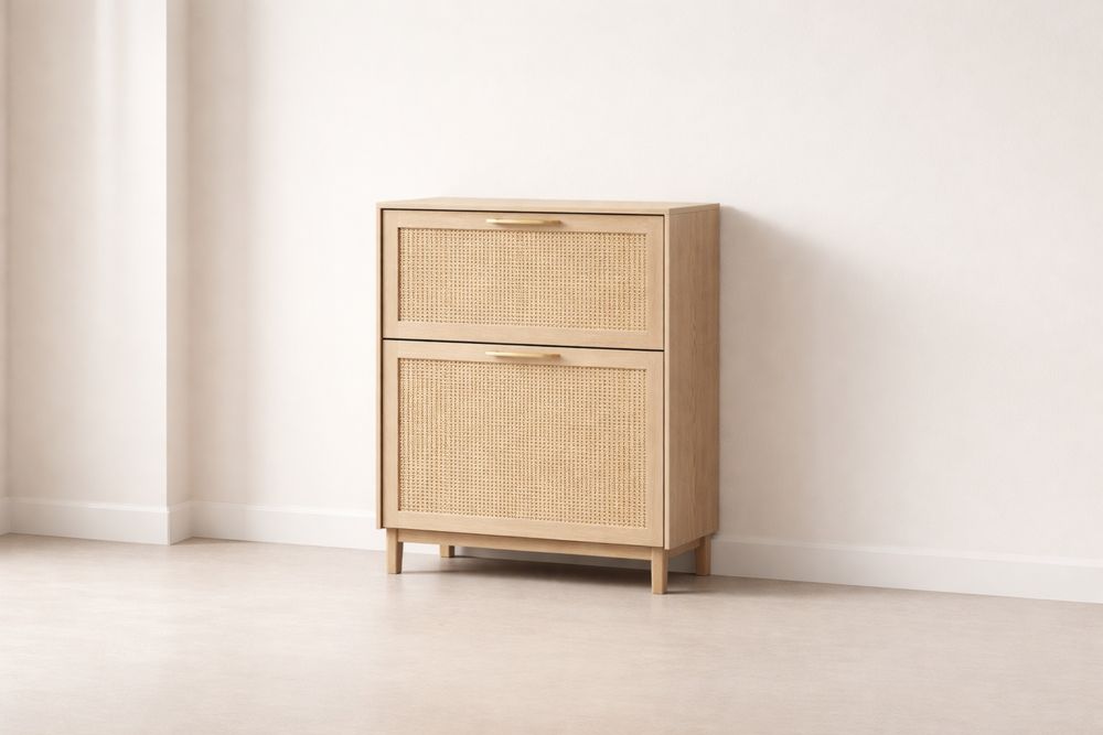 Meuble à chaussures en bois de chêne avec portes en rotin.