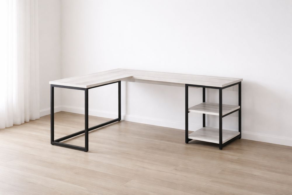 Bureau d'angle en bois et métal avec étagères