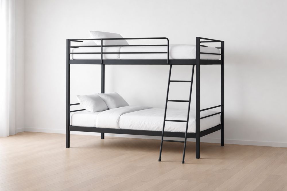 Lit superposé en métal noir avec matelas et échelle