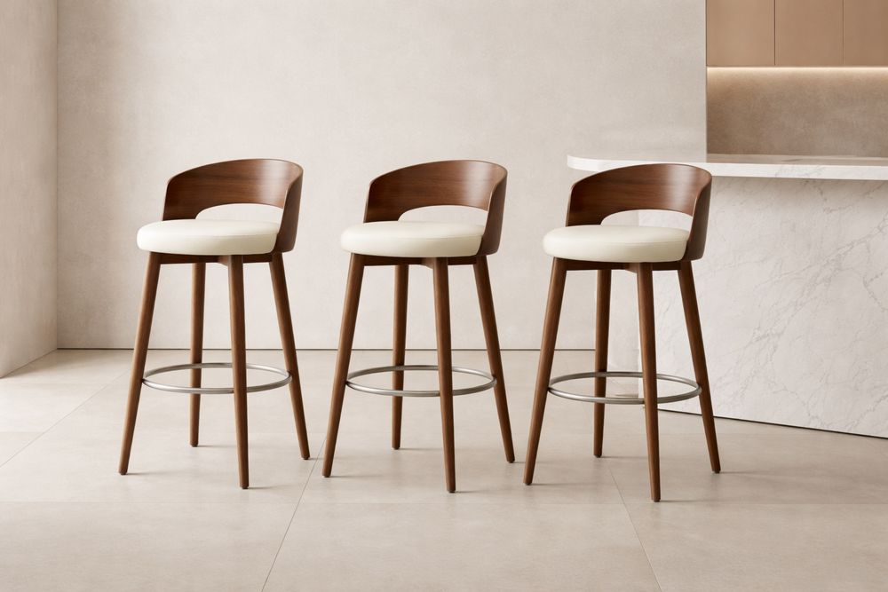 Tabouret de bar en bois et cuir synthétique beige, ensemble de 3