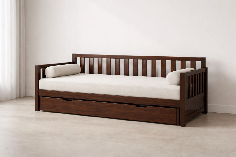 Lit banquette en bois massif avec tiroir et coussins en mousse