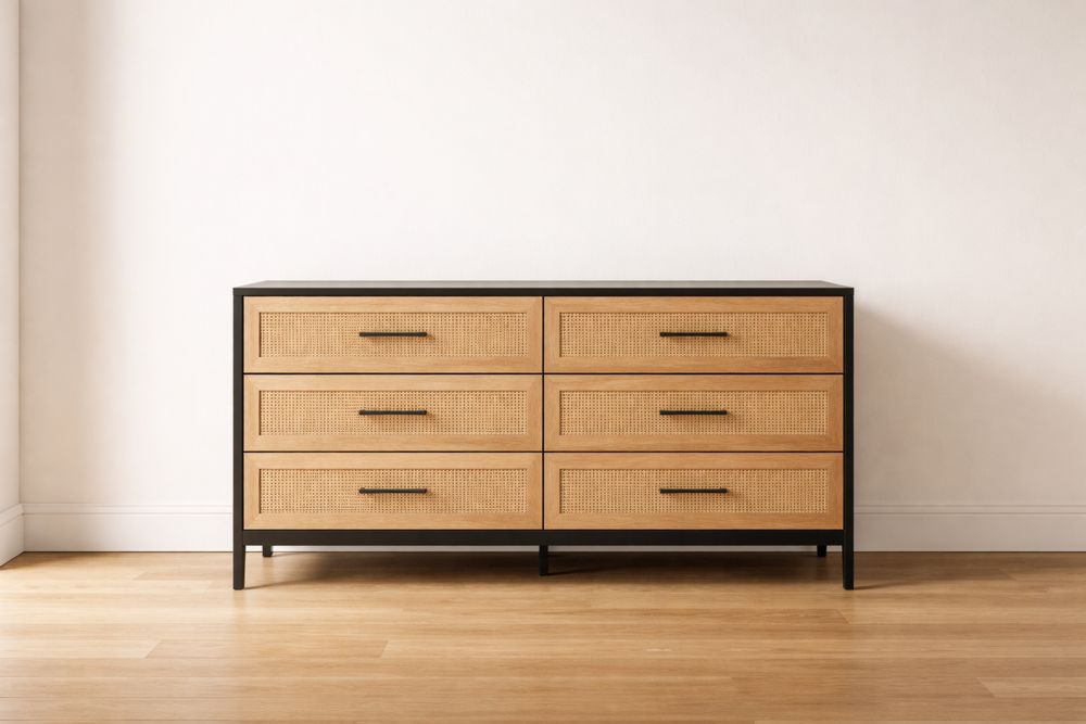 Commode 6 tiroirs en bois et rotin, structure en acier, 120x40x75 cm, Noir/Naturel