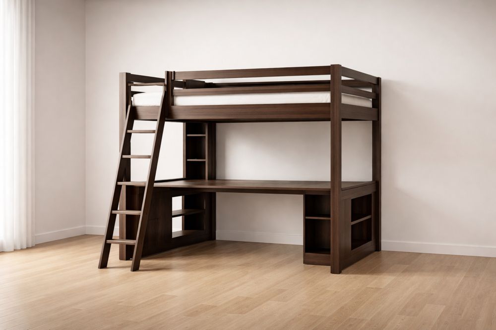 Lit mezzanine avec bureau en bois brun