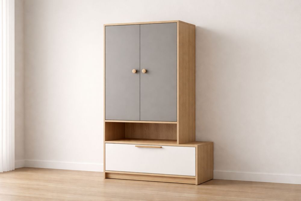 Armoire en panneaux de particules finition chêne et gris.