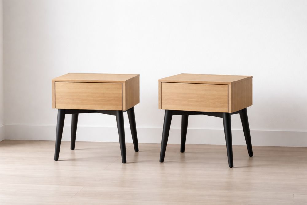 Paire de tables de nuit en bois MDF avec tiroir et pieds en bois noirs