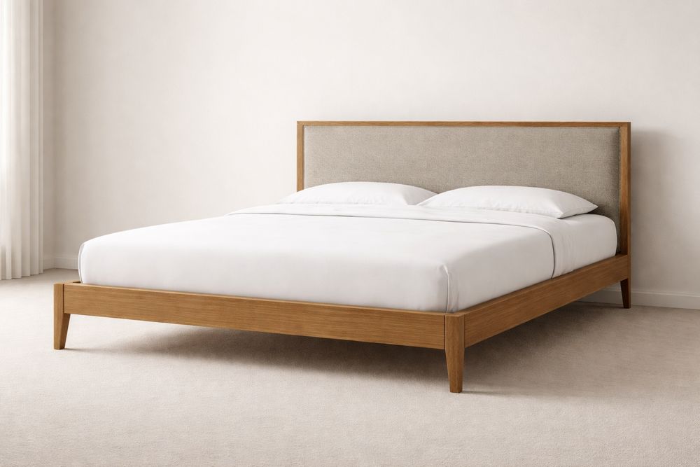 Lit double en chêne avec tête de lit en tissu