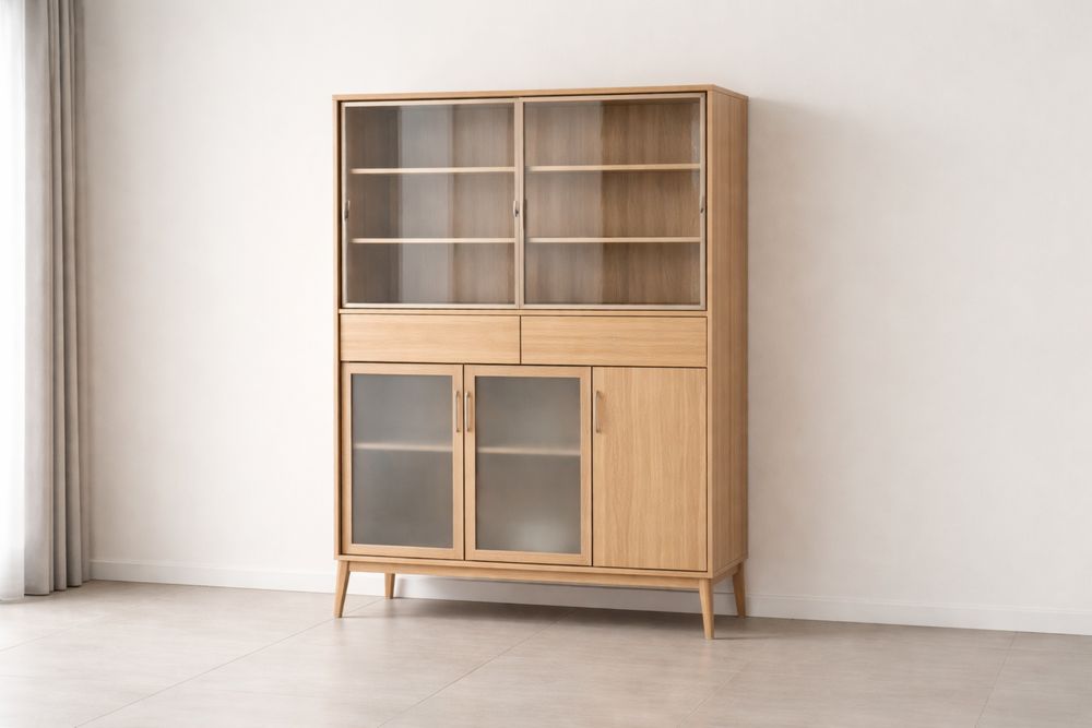 Buffet vitrine en bois de chêne avec portes en verre