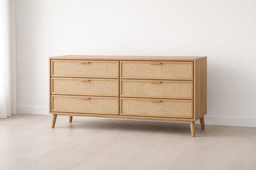 Commode en Bois avec Rotin 6 Tiroirs 120x75x40 cm