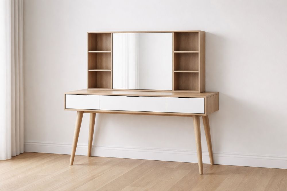 Coiffeuse en Bois avec Miroir et Étagères en Chêne Clair