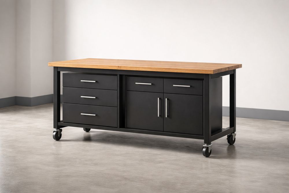 Établi en bois et métal avec roulettes