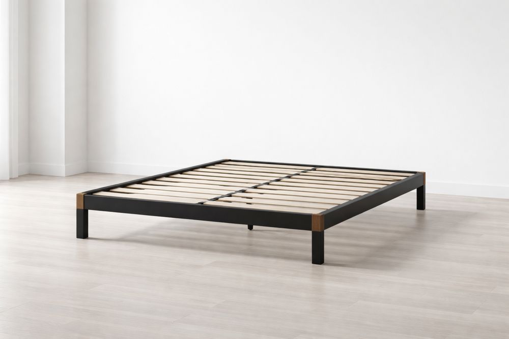 Cadre de Lit en Métal avec Lattes en Bois Noir  200cm x 140cm x 25cm