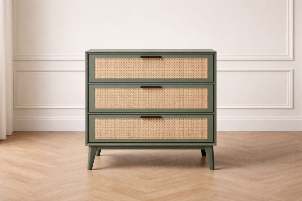 Commode en bois et rotin 3 tiroirs verte