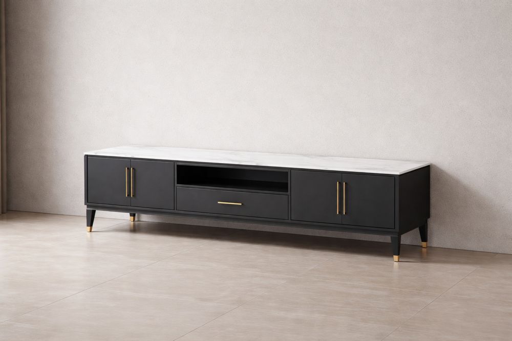 Meuble TV en métal et marbre blanc 180x40x45 cm