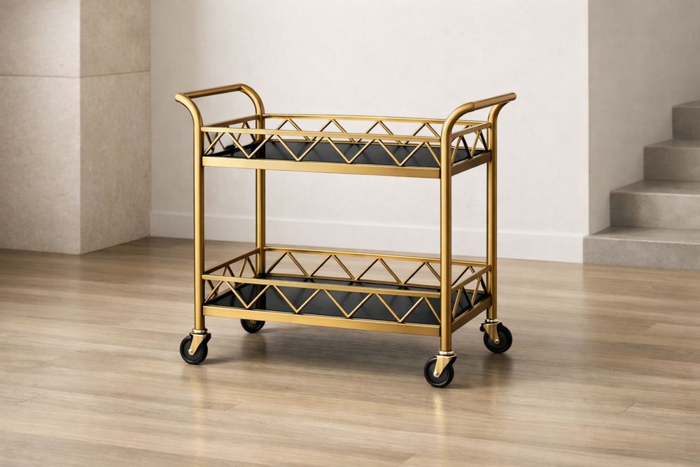 Chariot de Service en Acier Inoxydable avec Verre Trempé Doré/Noir 80x45x85cm