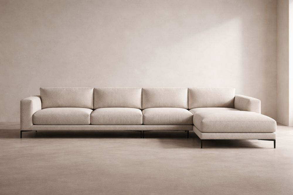 Canapé d'angle en tissu polyester beige avec méridienne