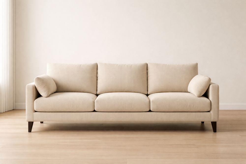 Canapé 3 places en tissu polyester beige avec pieds en bois massif