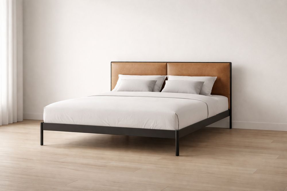 Lit double en métal avec tête de lit en cuir synthétique Marron