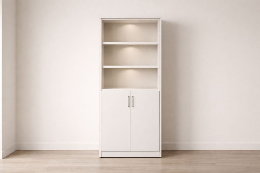Bibliothèque en bois avec étagères réglables et portes blanches
