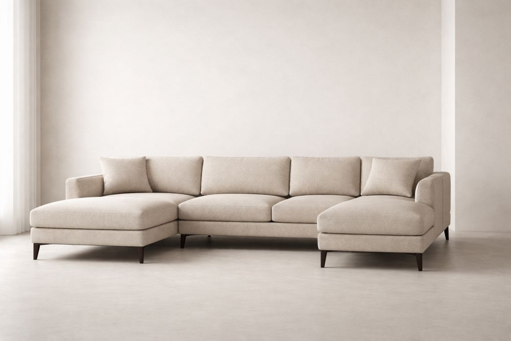 Canapé d'angle en tissu polyester beige avec pieds en bois