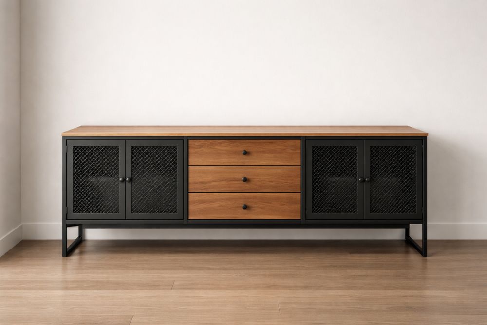 Buffet en bois et métal avec portes grillagées 160x40x75 cm