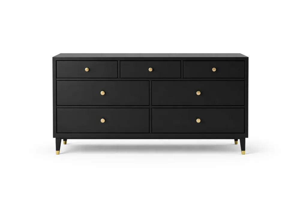 Commode 7 tiroirs en MDF noir avec poignées en métal doré 140x45x85cm(L x l x H)