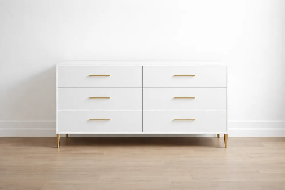 Commode 6 tiroirs en bois blanc avec poignées dorées et pieds métalliques