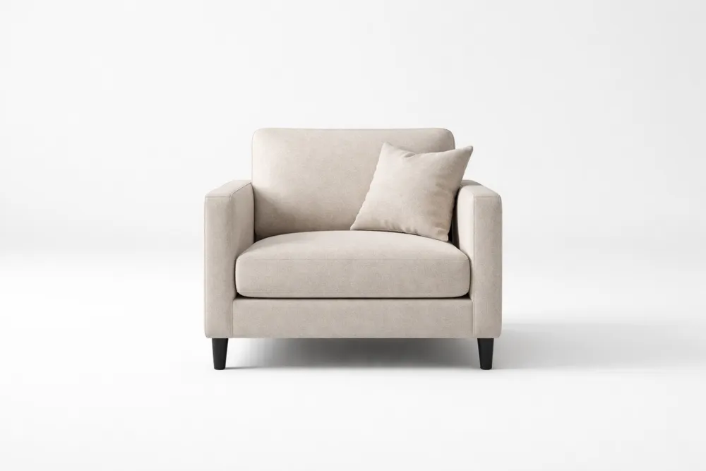 Fauteuil en Tissu Beige avec Coussin et Pieds en Bois massif