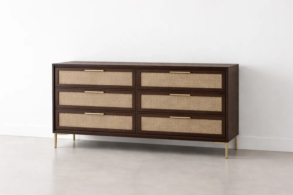 Commode en bois avec tiroirs en rotin et pieds métalliques – longueur 120 cm