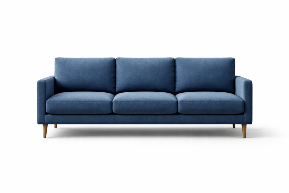 Canapé long 3 places en tissu bleu avec pieds en bois massif