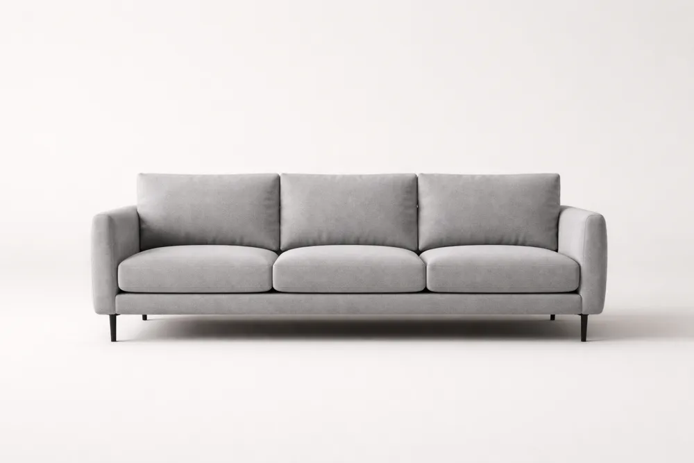 Canapé long 3 places en tissu polyester gris avec pieds en acier