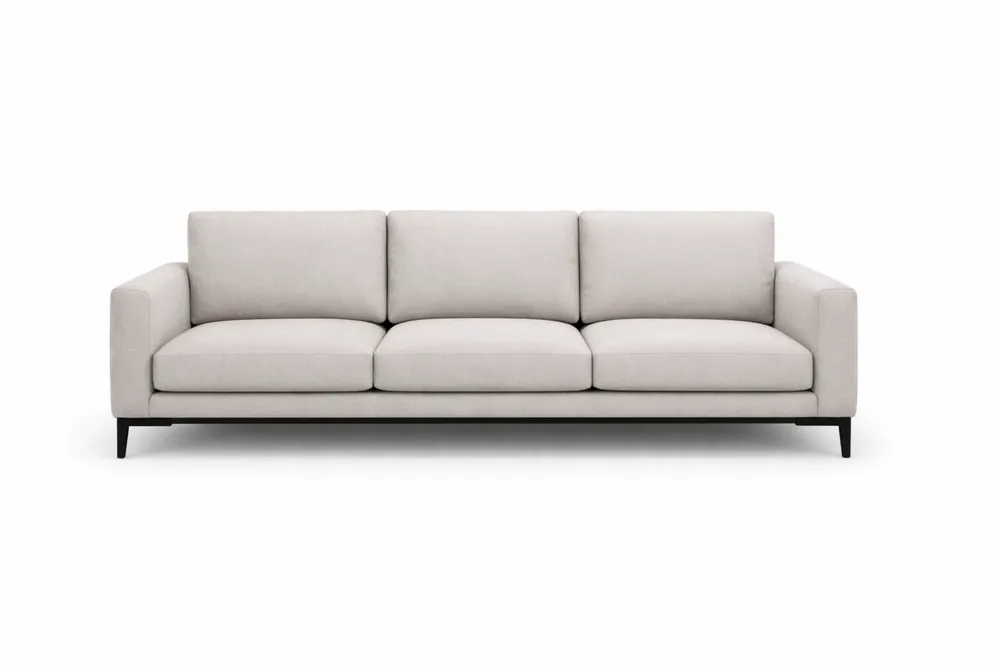 Canapé long 3 places en tissu polyester beige avec pieds en acier