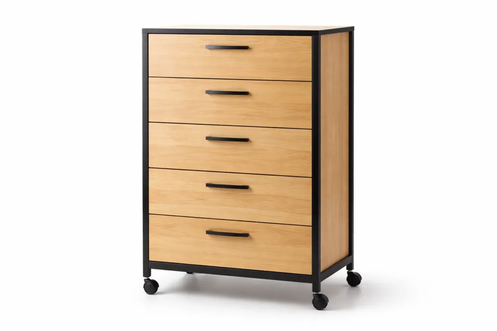 Commode à roulettes 5 tiroirs en bois et acier noir